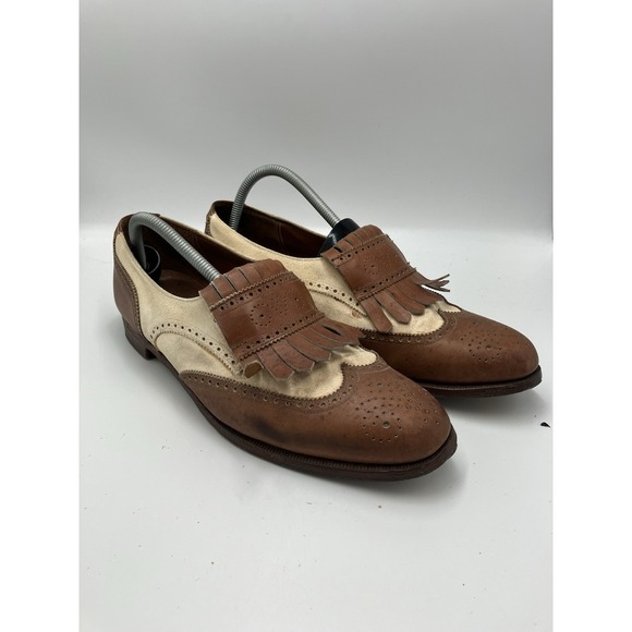 VTG Polo Ralph Lauren Bench Made Leather Shoes England Brown‎ White Size 10.5 D